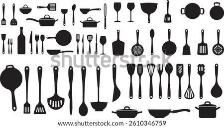 Collection of kitchen utensils, cookware and tools in silhouette vector illustration