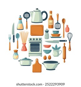 A collection of kitchen utensils and cutlery in a circle. The utensils include a knife, spoon, fork and spatula. Also a kettle, stove, saucepan and bowl