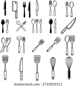Colección de utensilios de cocina y cubiertos en estilo de línea simple