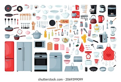 Collection of kitchen utensils in a detailed modern style. Tableware and household appliances.