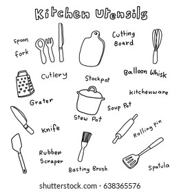 Collection of kitchen utensils in doodle style such as cutlery, spatula, whisk, grater, knife, basting brush, pot, rolling pin, cutting board, scraper. Words regarding cooking utensils are included