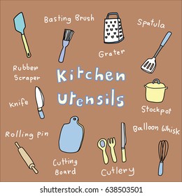 Collection of kitchen utensils in doodle style such as cutlery, spatula, whisk, grater, knife, basting brush, pot, rolling pin, cutting board, scraper. Words regarding cooking utensils are included.