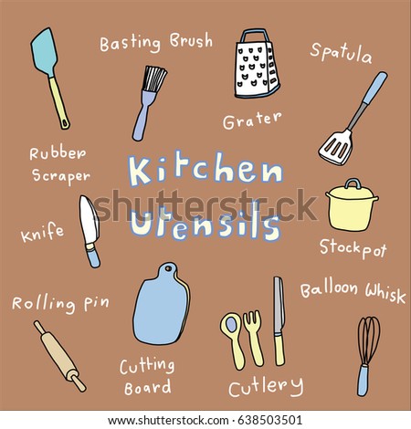 Collection of kitchen utensils in doodle style such as cutlery, spatula, whisk, grater, knife, basting brush, pot, rolling pin, cutting board, scraper. Words regarding cooking utensils are included.