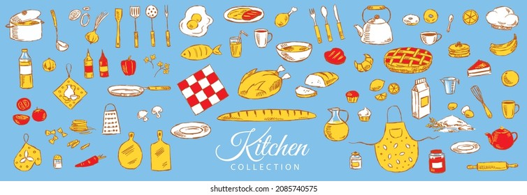 Collection of kitchen utensils and food, hand-drawn.	
