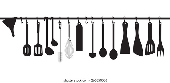 A collection kitchen utensils hanging on the chromed bar. Illustration