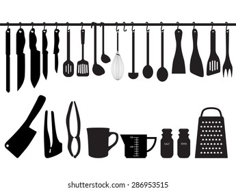 A collection of kitchen utensils, hanging on bar and under the bar. Silhouette Illustration