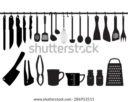 A collection of kitchen utensils, hanging on bar and under the bar. Silhouette Illustration