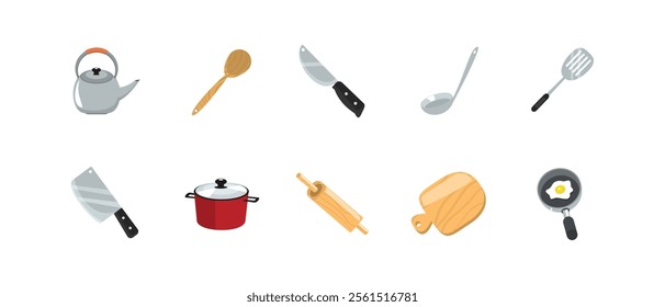 Collection of kitchen utensils including kettle, wooden spoon, chef's knife, ladle, spatula, cleaver, red cooking pot, rolling pin, wooden cutting board, and frying pan with fried egg