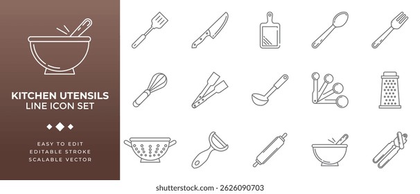 Collection of kitchen utensils including ladle, whisk, spatula, and tongs arranged on a clean white background, ideal for culinary illustrations, food preparation concepts, and cooking themes.