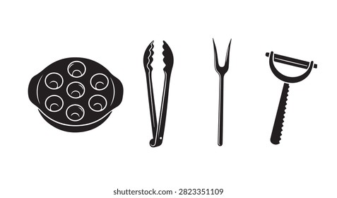 Collection of kitchen utensils including a pizza cutter, tongs, fork, and peeler, used for cooking, serving, and food preparation in culinary settings.