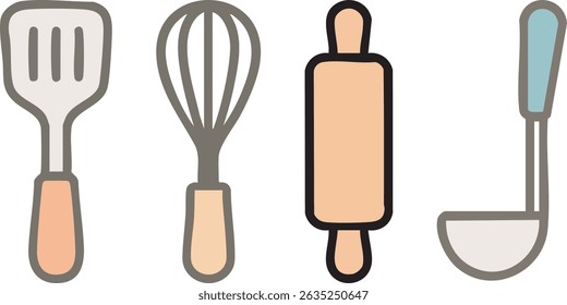 Coleção de utensílios de cozinha, incluindo uma espátula, batedor, rolo e concha em cores pastel.