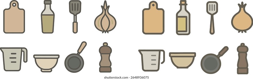 Uma coleção de utensílios de cozinha e ingredientes, incluindo tábuas de corte, copos de medição, espátulas e cebolas é organizada perfeitamente. Esta configuração sugere uma cena de preparação de cozimento ou refeição.