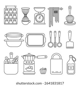 Collection of kitchen utensils isolated on white background in outline style