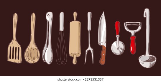 Collection of kitchen utensils on dark background