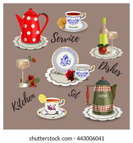 Collection of kitchen utensils: plates, cups, glasses, coffee and tea. Isolated vector objects. Hand drawing.