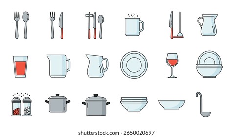 Coleção de utensílios de cozinha e artigos de mesa para preparações culinárias e de refeições