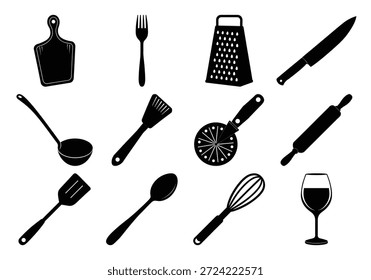 Una colección de utensilios de cocina e íconos de herramientas en estilo de silueta negra
