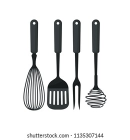 Collection of kitchen utensils used for cooking. Black metal whisks, spatula and meat fork. Kitchenware theme. Flat vector icons