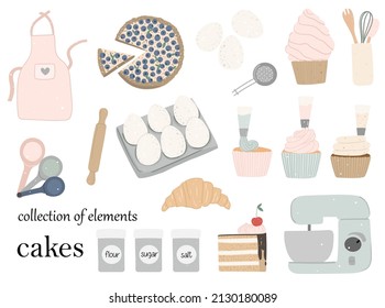 Collection of kitchen utensils, whisk, rock, shovel, mixer, pink kitchen apron, chicken eggs in a tray in cartoon style for card, poster, cover, invitation, sticker