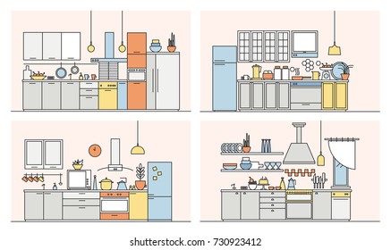 Collection of kitchens full of modern furniture, household appliances, cookware, cooking facilities and home decorations. Set of elegant interiors drawn in line art style. Vector illustration.