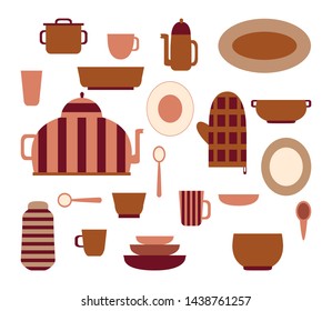 Collection of kitchenware and cookware set of kitchen utensils for home cooking and dishes for tea ore coffee drinking  flat vector illustration