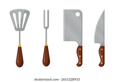 Collection of kitchenware on transparent background. Kitchen items icons. Design element for cooking theme,restaurants,cafe,outdoor cooking,posters,patterns,logos. Flat cartoon style.Vector design. 