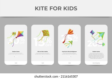 Collection kite for kids mobile application user interface homepage screen realistic vector illustration. Set childish entertainment digital store outdoor leisure summer activity. Modern weekend toy