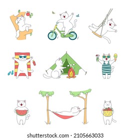 Collection of kittens enjoying summer. Cute illustrations of funny white cats sunbathing, riding a bike, swinging on a swing and eating fruits. Vector 10 EPS.
