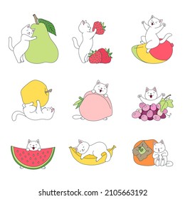 Collection of kittens with fruits. Cute illustrations of funny white cats playing with fruits isolated on a white background. Vector 10 EPS.