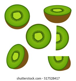 Collection of  kiwi fruit and his sliced segments isolated on white background. 