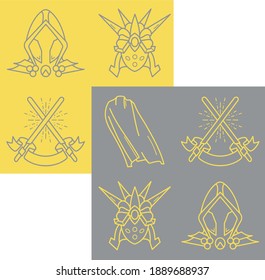 Collection of Knight armor icons isolated on a contrasting background. Yellow and gray  fancy helmet, sword, cloak vector outline icons set 