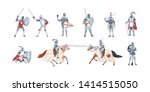 Collection of knights. Bundle of warriors holding sword, shield, mace or fighting in battle isolated on white background. Set of medieval heroes wearing armor. Flat cartoon vector illustration.