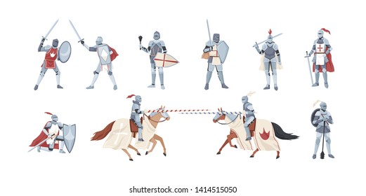 Collection of knights. Bundle of warriors holding sword, shield, mace or fighting in battle isolated on white background. Set of medieval heroes wearing armor. Flat cartoon vector illustration.
