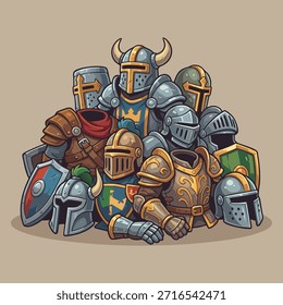 Uma coleção de cavaleiros em armadura medieval, exibindo vários desenhos de capacete e emblemas de escudo.