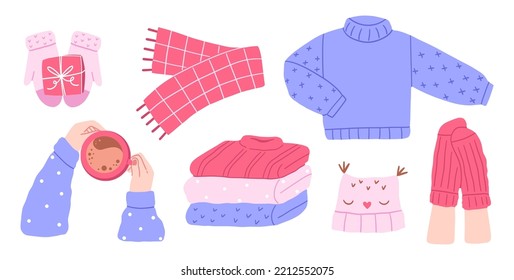 Colección de ilustraciones de prendas de punto en colores pastel. Sudaderas de punto de lana cálidas, medias, mantas, bufanda y sombrero.