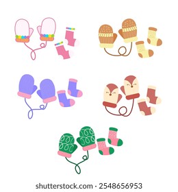 Collection of knitted mittens and socks in flat vector illustration. Winter outfit accessories for children and adult character, printable and pattern. 