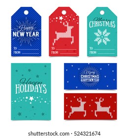 Collection of knitted Norwegian Christmas card templates. Colorful New Year present tags made in vector. Name cards for presents with Happy Holidays, Merry Christmas and Happy New Year lettering.
