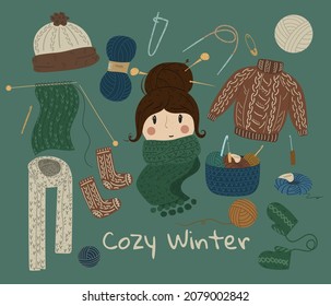 Collection of knitted things: hat, ball of wool, knitting needles, hook, socks, scarf and more on a colored background. Girl with a hairstyle in a warm scarf. Vector illustration.