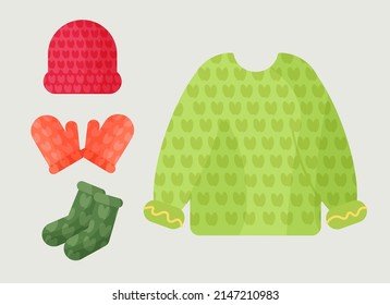 Collection of knitted warm clothes. A set of autumn outerwear and accessories socks, mittens, hat, sweater. Bright and juicy colors. Vector illustration in a simple cartoon style