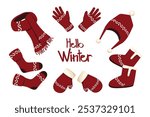 Collection of knitted warm winter clothes. Winter hat, scarf, mittens, boots,gloves, socks.Winter accessories. Vector illustration.