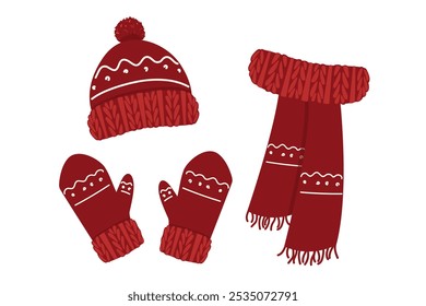 A collection of knitted warm winter clothes. Winter hat, scarf, mittens. Autumn and winter accessories. Vector illustration.