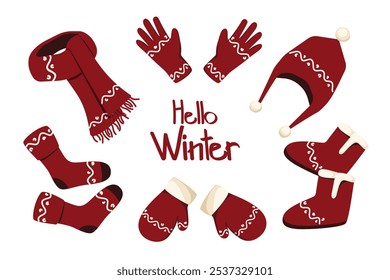 Collection of knitted warm winter clothes. Winter hat, scarf, mittens, boots,gloves, socks.Winter accessories. Vector illustration.