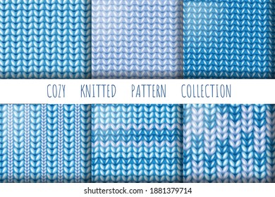 Collection of knitted wool, seamless patterns. Style Seamless Blue Knitted Pattern. Set of knitted texture for winter or holiday designs. Vector ilustration