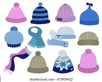 collection of knitted woolen caps (vector illustration)