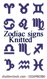 Collection knitted zodiac signs isolated on white background.  Vector Illustration
