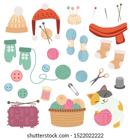 The collection of knitting set and cute cat playing with yarn in flat vector style. Graphic resource for graphic, sticker.