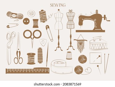 Collection of knitting and sewing icons. Minimalist linear symbol. Perfect for label, sticker, logotype design. Editable Vector Illustration.