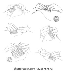 Colección. Pintando con hilos. Manos de hombre, mujer de estilo moderno y moderno con una línea. Línea sólida, contorno para la decoración, afiches, pegatinas, logotipo. Conjunto de ilustraciones vectoriales.