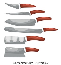 Collection of knives on a white background. Vector illustration of a set of kitchen knives in a cartoon style. Chef's Tools