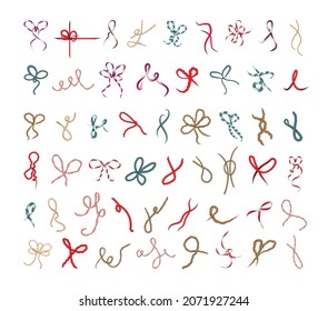 Collection of knots, bows and ropes. Colorful objects for decoration.